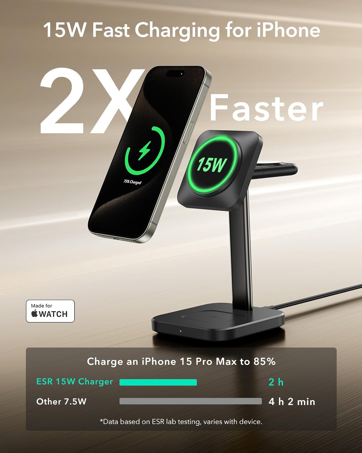 ESR for 3 in 1 Wireless Charging Station, Certified Apple Watch Charger, 15W MagSafe Charger Stand for iPhone, Wireless Charger for Multiple Devices iPhone 17/16/15/14/13, Watch, AirPods, Black