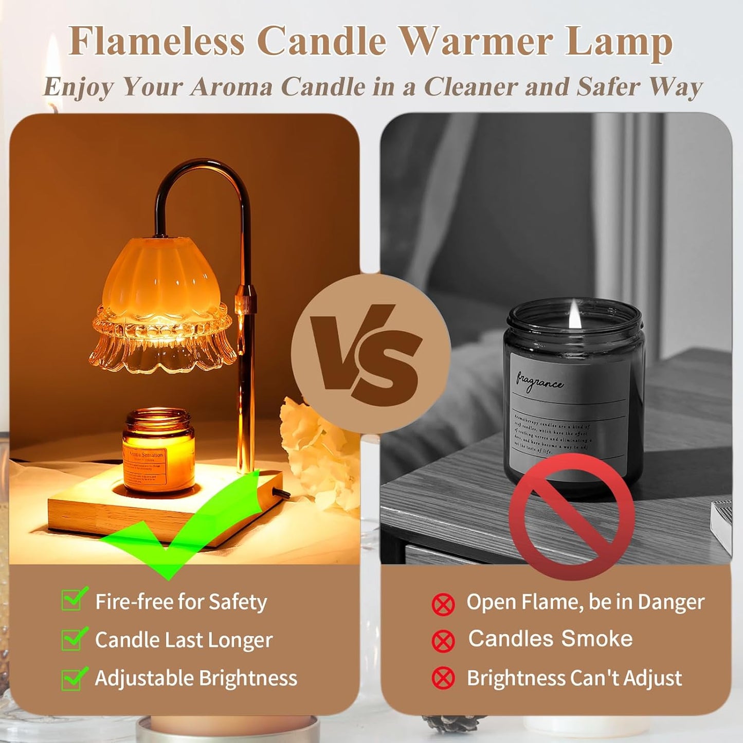 Glass Flower Lampshape Candle Warmer Lamp with Adjustable Height, Wax Burner Lamp with Timer and Dimmer, Wooden Base Candle Warmer, Women's Gifts (Amber)