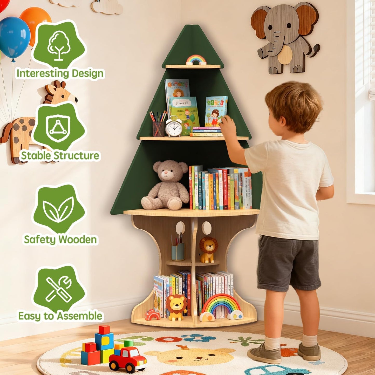 Bookshelf for Kids, Children Tree-Bookshelf, Space-Saving Montessori Toddler Corner Bookcase for Nursery, Kindergarten, Kids Rooms