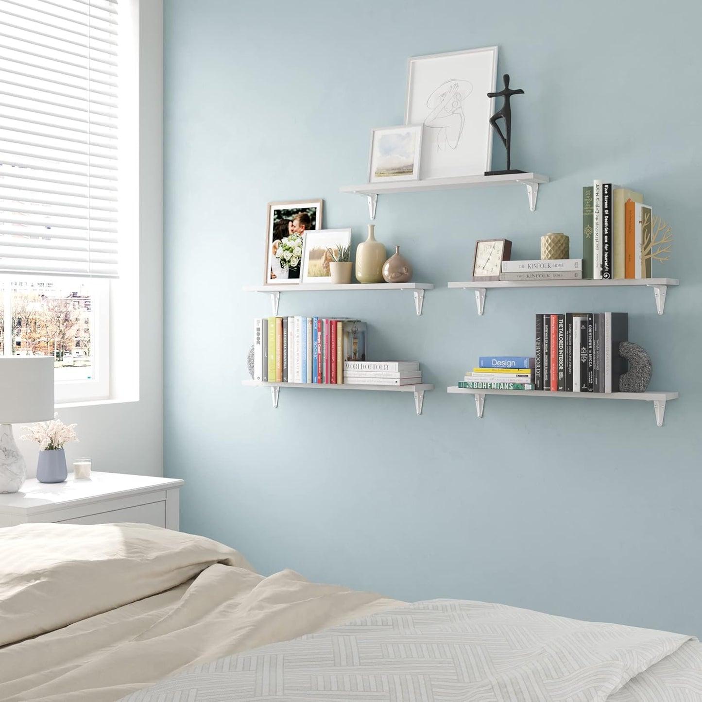 Wallniture Arras 24" Bathroom Shelves, Floating Shelves for Wall Storage, Bookshelf Living Room Decor, Bedroom, Kitchen Shelf, White Set of 5