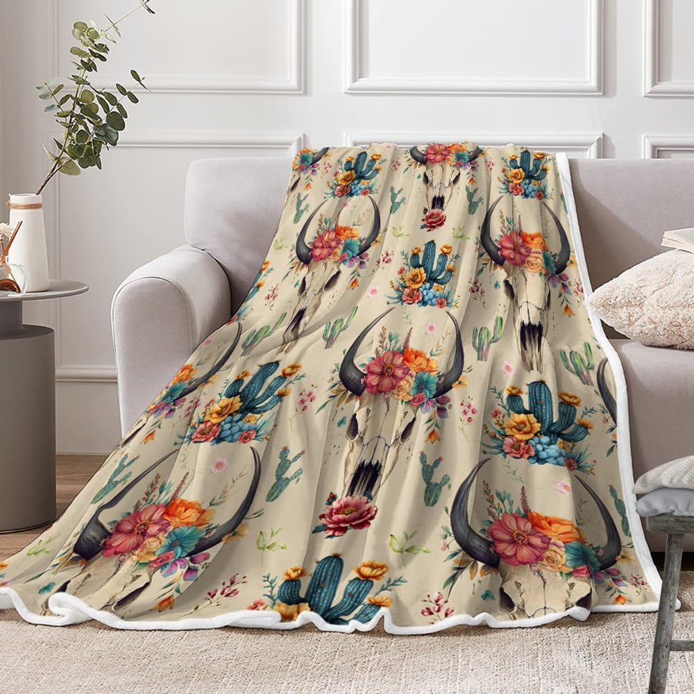 NYMB Western Boho Throw Blanket, Bohemian Cowboy Southwestern Bull Skull Warm and Cozy Fleece Throw Blanket for Bed, Couch, Native Aztec Cactus Farmhouse American West Travel Camping Blanket, 50X60in