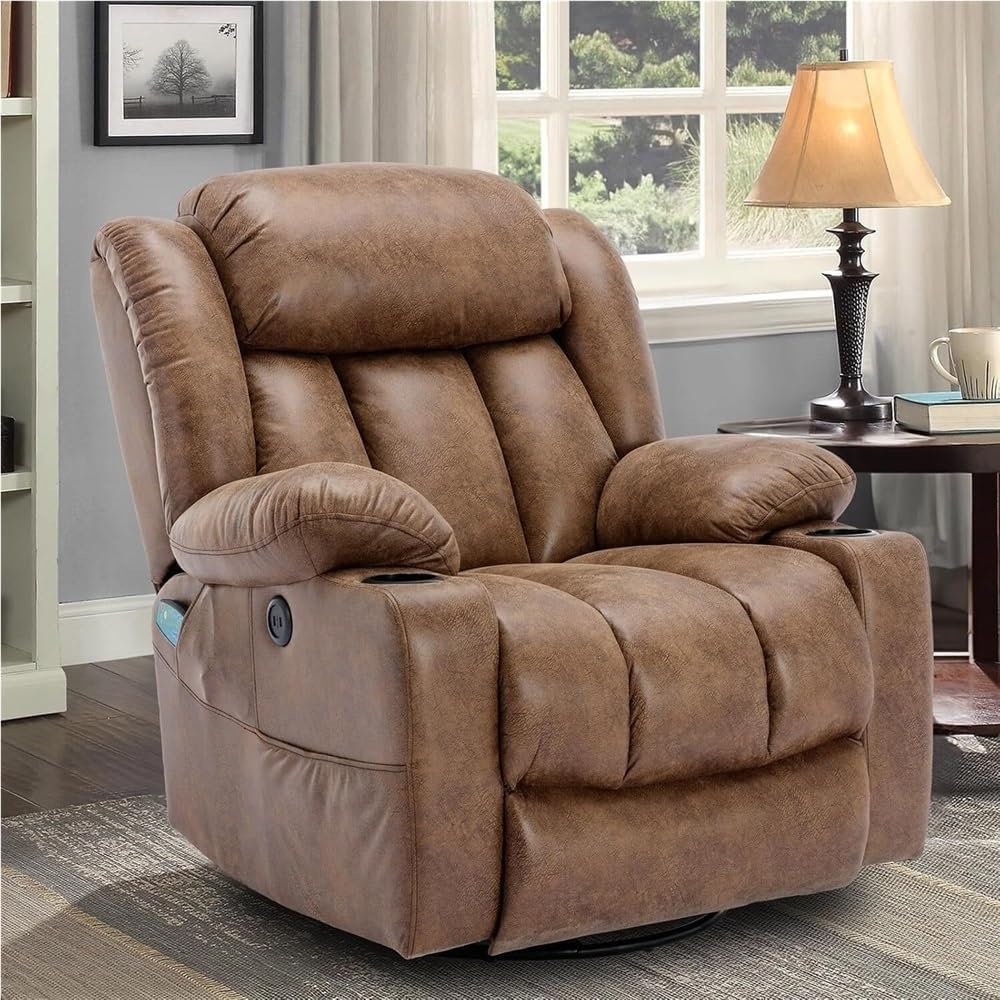 Power Swivel Glider Recliner with Lumbar Heating & Massage, Large Electric Rocking Chair with USB Charging, Cup Holder & Storage Pockets – Nursery-Ready Comfortable Recliner for Living Room