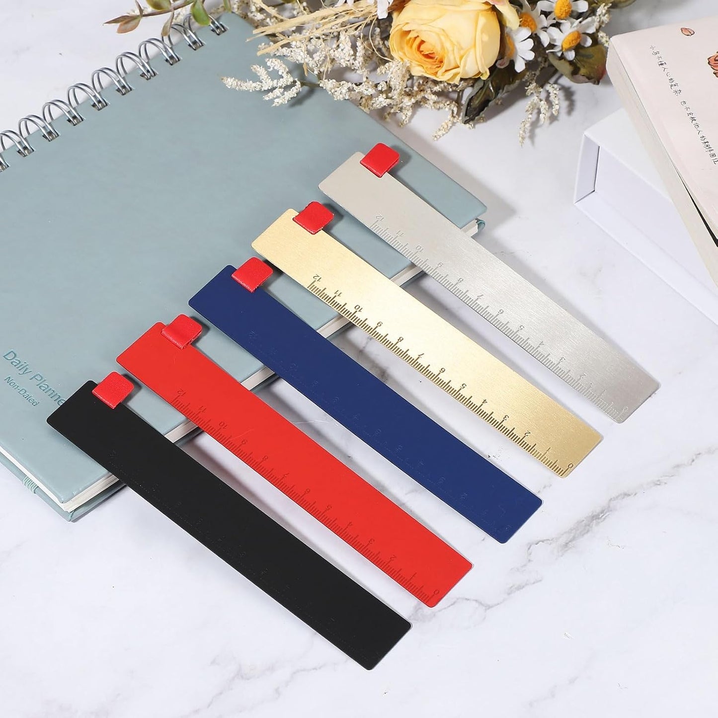 PATIKIL 2Pcs Steel Ruler Bookmark, 5.9 Inch Straight Metal Copper Vintage Bookmarks for Book Journal Home Library Travel,Dark Blue