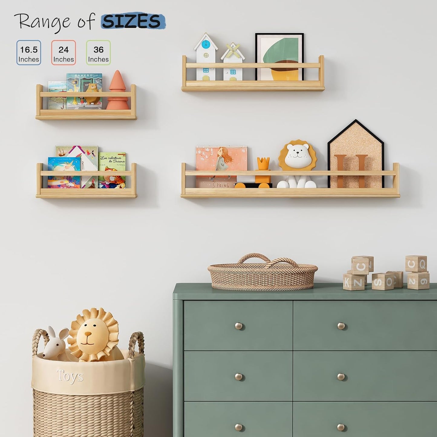 Wooden Wall Bookshelf for Kids Room, Large Nursery Floating Shelves for Kids Bedroom, Natural Wood Wall Mounted Bookshelves for Baby Toddler Classroom Library Books (36 Inch Long, 3-Pack)