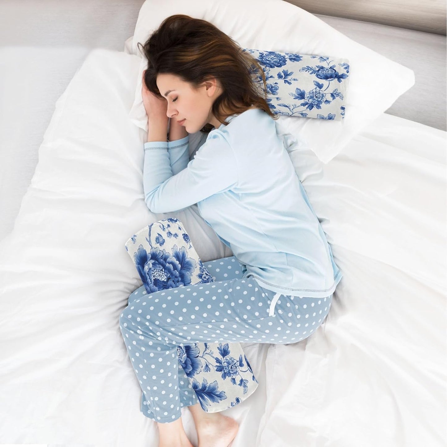 Blue and White Peony Flowers Butterfly Neck Roll Pillow Bolster Round Health Memory Foam Long Cervical Cylinder Pillows with Removable Washable Cover for Body Bed Legs Back Yoga