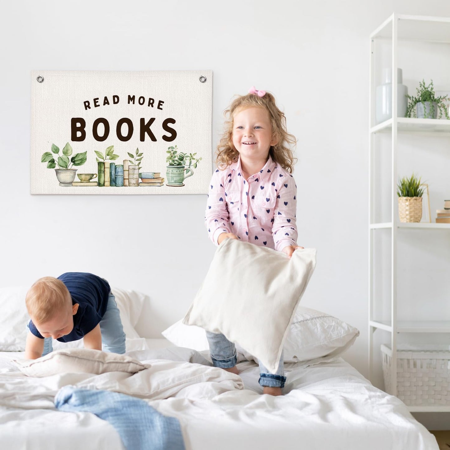 Read More Books Botanical Reading Room Decor - Linen Banner Wall Hanging Canvas Banner Flag Decor for Kids Nursery Toddler Reading Corner Nook Classroom Library