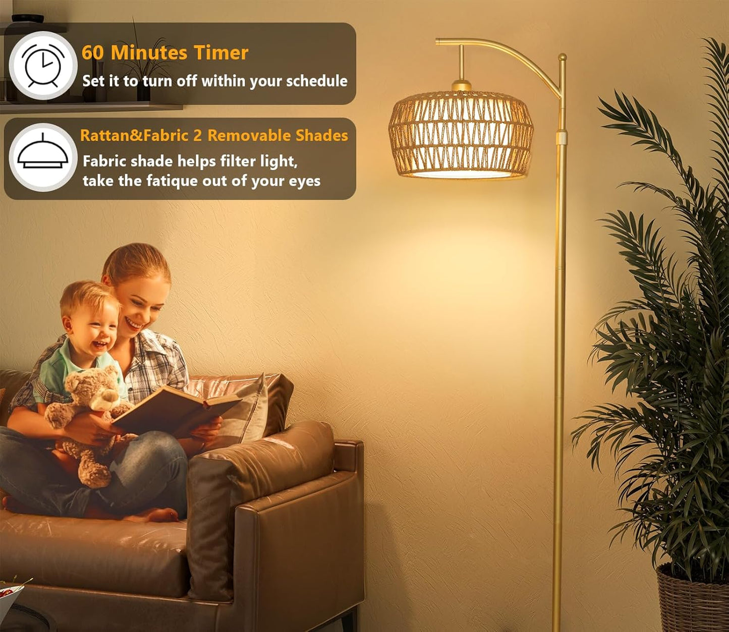 Gold Floor Lamps for Living Room, Boho Rattan Floor Lamp with Remote and Dimmable Bulb, 3 Color Temperatures, Modern Arc Standing Lamp with Wicker Shades, Farmhouse Tall Lamp for Bedroom