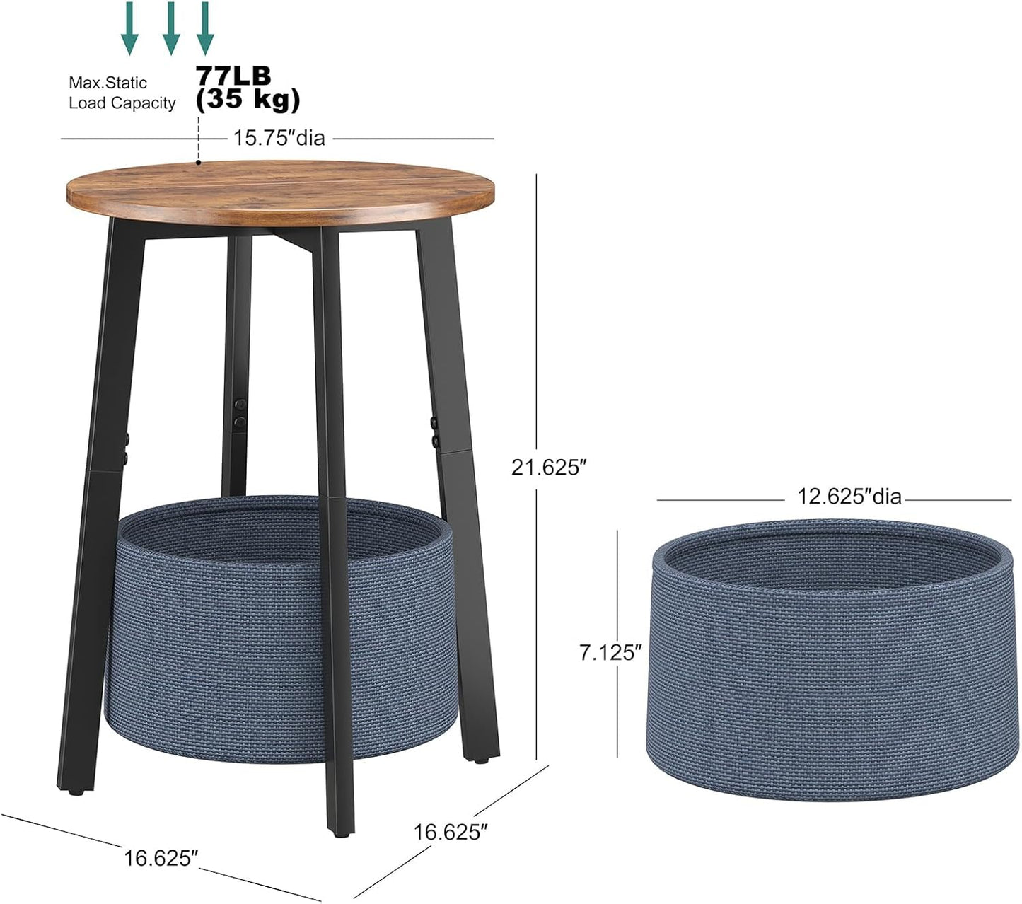 Small Round Side End Table with Storage Basket, Round Bedside Sofa Couch Coffee Tables for Small Places with Metal Frame, Modern Nighstands for Living Room Bedroom, Rustic Brown