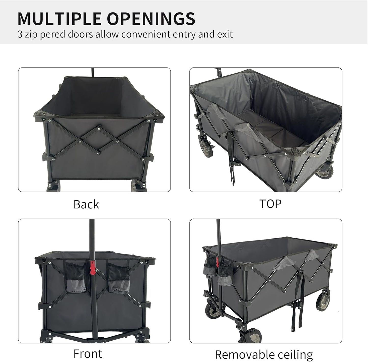 LKJYBG Steel Yard Cart Garden Wagon with Adjustable Handles 2 Cup Holders Wheels Collapsible Foldable Wagon Folding Utility Garden Cart for Garden Orchard Warehouse Cement Grey As Shown