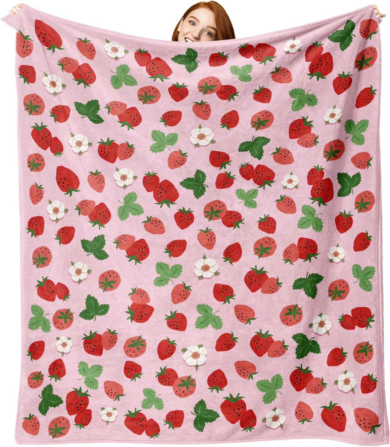 Pink Strawberry Flannel Throw Blanket, Red Pink Fruit Floral Birthday Gifts for Kids Girls Women Adults Teen, Spring Summer Flowers Soft Blankets for Bedding Sofa 50" x 60"