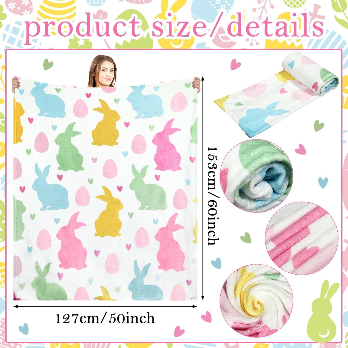 Easter Blanket Spring Bunny Rabbit Eggs Soft Flannel Colorful Decorative Throw Blanket Decor Holiday Square Birthday Gift for Home Couch Sofa Bed Room Decoration, 50x60 Inch