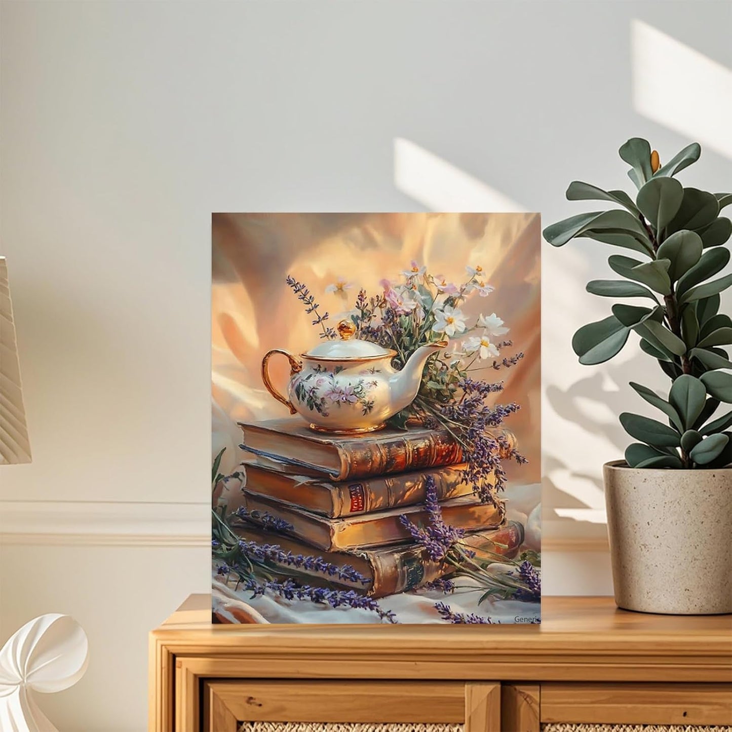 Pastel Floral Teapot and Books Canvas Print Vintage Reading Nook Wall Art Aesthetic Poster for Office Bedroom Living Room Gallery Wall Decor Framed 8x10inch