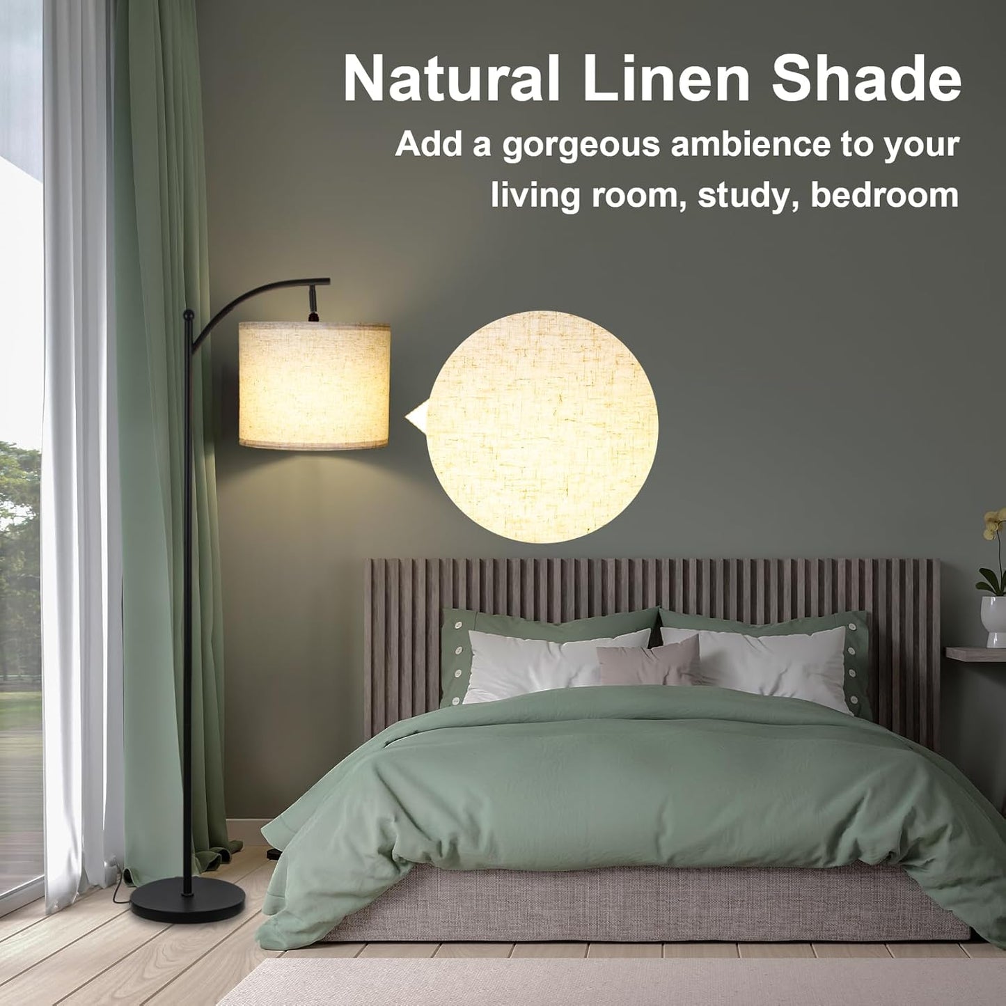 Modern Floor Lamp, 3-Ways Dimmable Standing Lamp with Linen Shade, Adjustable Height, Foot-Step Switch, Reading Lamp for Living Room, Bedroom, Office, 9W Bulb Included (Black)