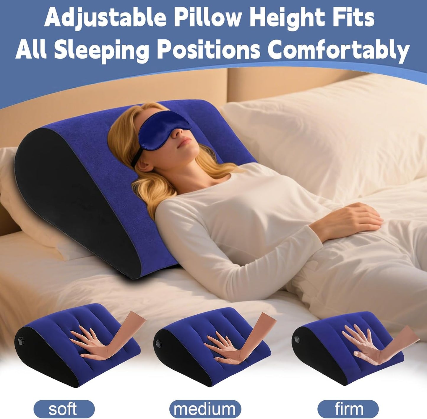 Inflatable Wedge Pillow for Sleeping and Travel - Multi-Purpose Support for Back, Legs, and Knees,Portable Triangle Cushion for Bed, Sofa, or Office,Includes Complimentary Silk Eye Mask(Blue)