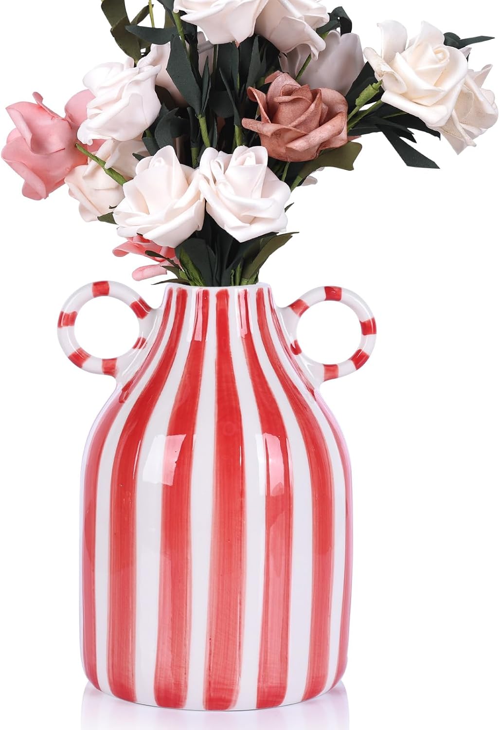 Ceramic Red and White Striped Vase with Handle, Modern Minimalist Christmas Accent Decor Home for Centerpieces for Tables, Kitchen Office, Bookshelf, Bedroom Aesthetic Decor (Red White)