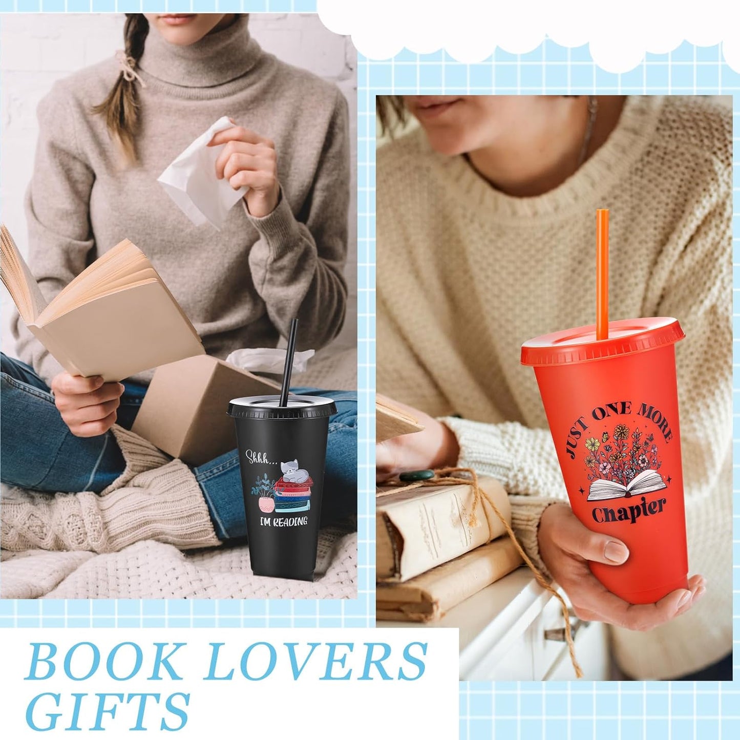 Chuangdi 12 Pcs Book Lovers Gifts 24 oz Reusable Plastic Tumbler with Lids and Straw Book Club Bookworms Gifts for Reader Librarian Office Coworkers (Multicolor)