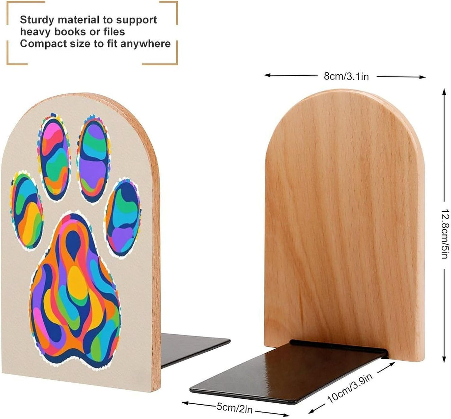 Colorful Dog Paw Print Bookends 1 Pair Heavy Duty Book Ends for Shelves Non-Skid Bookend Supports Wooden Book Holders with Metal Base Desk Organizers Books Storage to Hold Books