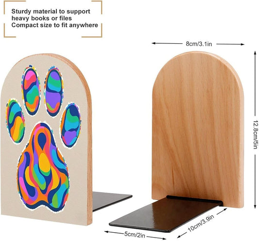 Colorful Dog Paw Print Bookends 1 Pair Heavy Duty Book Ends for Shelves Non-Skid Bookend Supports Wooden Book Holders with Metal Base Desk Organizers Books Storage to Hold Books
