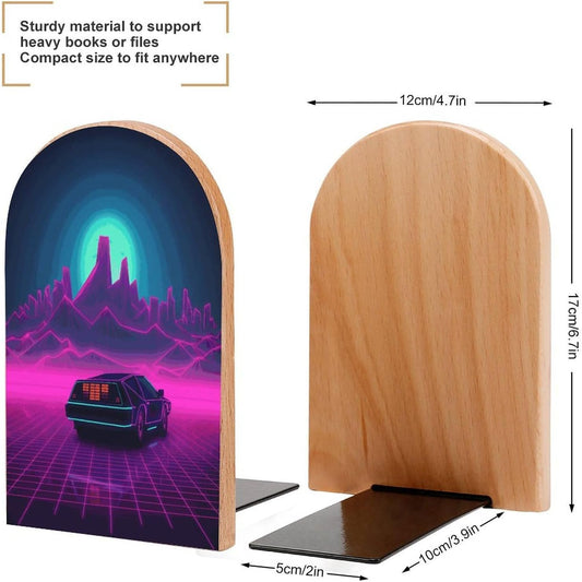 Non-Slip Bookend for Shelves Retrowave Pictures Wooden Bookends with Metal Base Decorative Book Stopper for Home Heavy Duty Wood Book Storage for Books/CDs