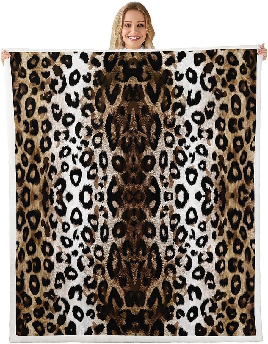 Feelyou Brown Leopard Sherpa Throw Blanket for Couch Animal Print Super Soft Cozy Fleece Cheetah Blanket for Winter, Plush Throw Modern Ombre Effects Throw 50"x60" Safari All Season