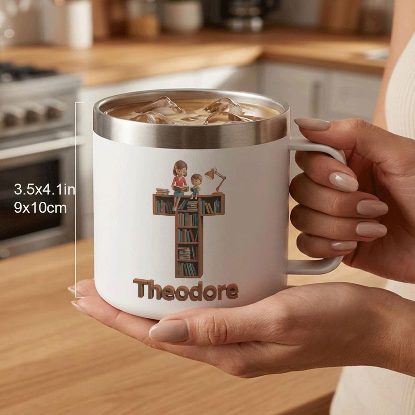 Personalized Christian Reading Mug with Custom Name - Bookshelf Cross Design 14oz Insulated Coffee Tumbler with Handle and Lid - Stainless Steel Camp Cup Gift for Mom, Teacher, Book Lover