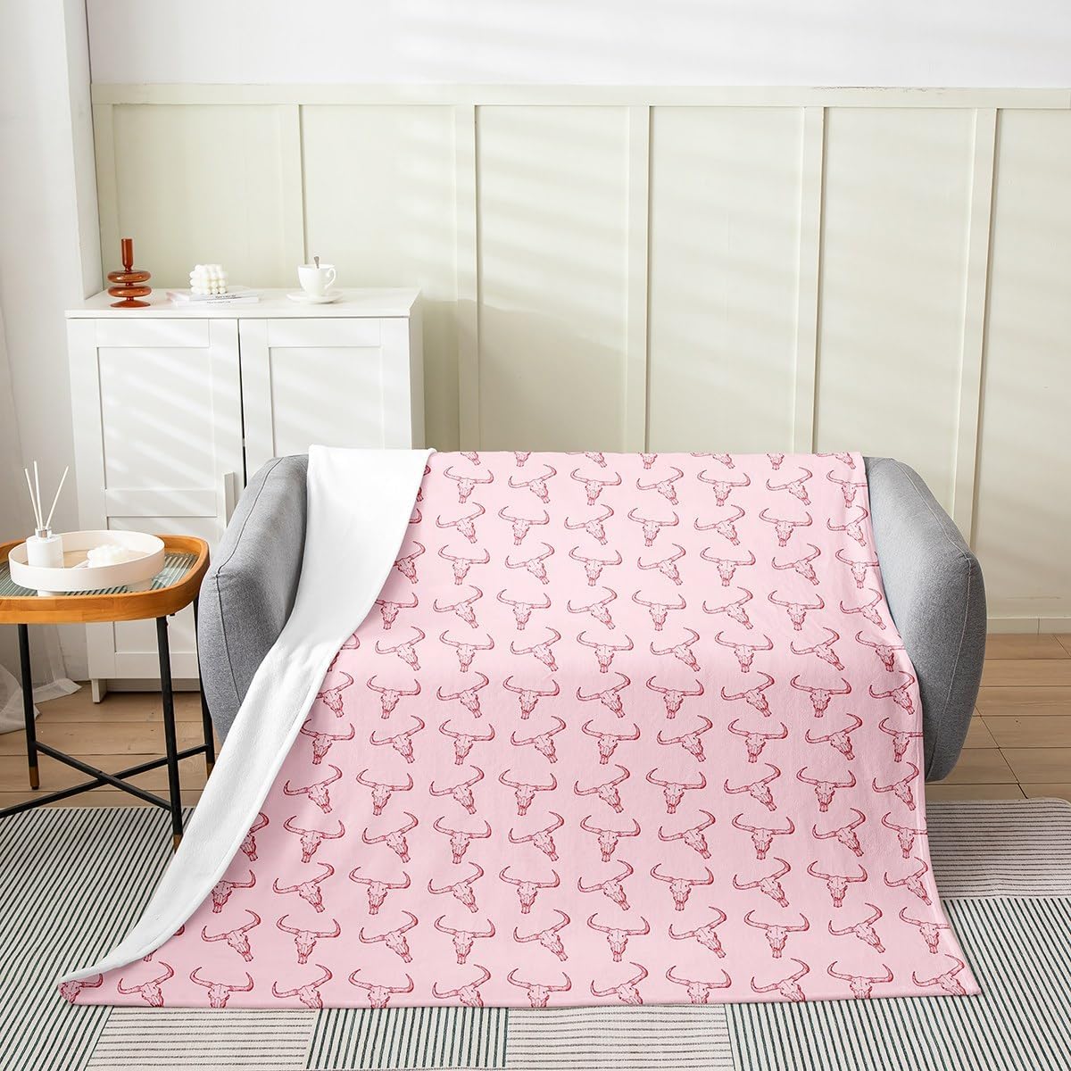 Bull Skull Flannel Blanket,Western Bed Blankets,Kids Girls Boys Adult Cowboy Cowgirls Fleece Blanket Soft Cozy Pink Office Chair Sofa Decor,50"×60"