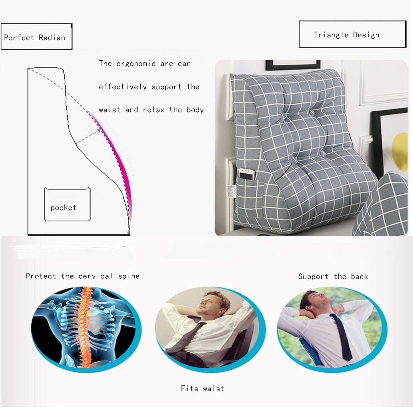 Reading Pillow Premium Canvas Fabric Lumbar Support Cushion for Bedroom Living Room Washable 4 Color 8 Size Optional (Color : B Size : 45cmx30cmx55cm) (H 45cmx30cmx55cm)