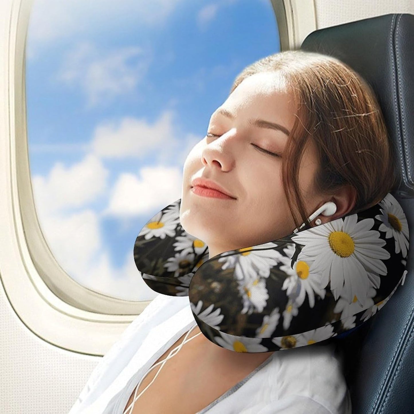 White Daisy Neck Pillow Memory Foam U Shaped Pillows Portable Pillows for Shoulder Travel Head Support Pillow with Concealed Zipper for Airplane Car Home Office