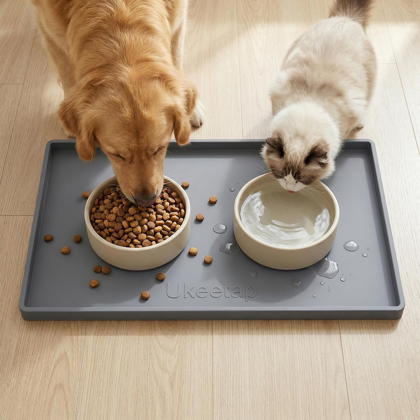 Extra Thick Silicone Mat Waterproof with Raised Edge 19” x 12”, BPA Free Non-Slip Dog & Cat Food Mat, Feeding Mat for Food and Water Bowls, Spill Proof Mat to Protect Floors, Gray
