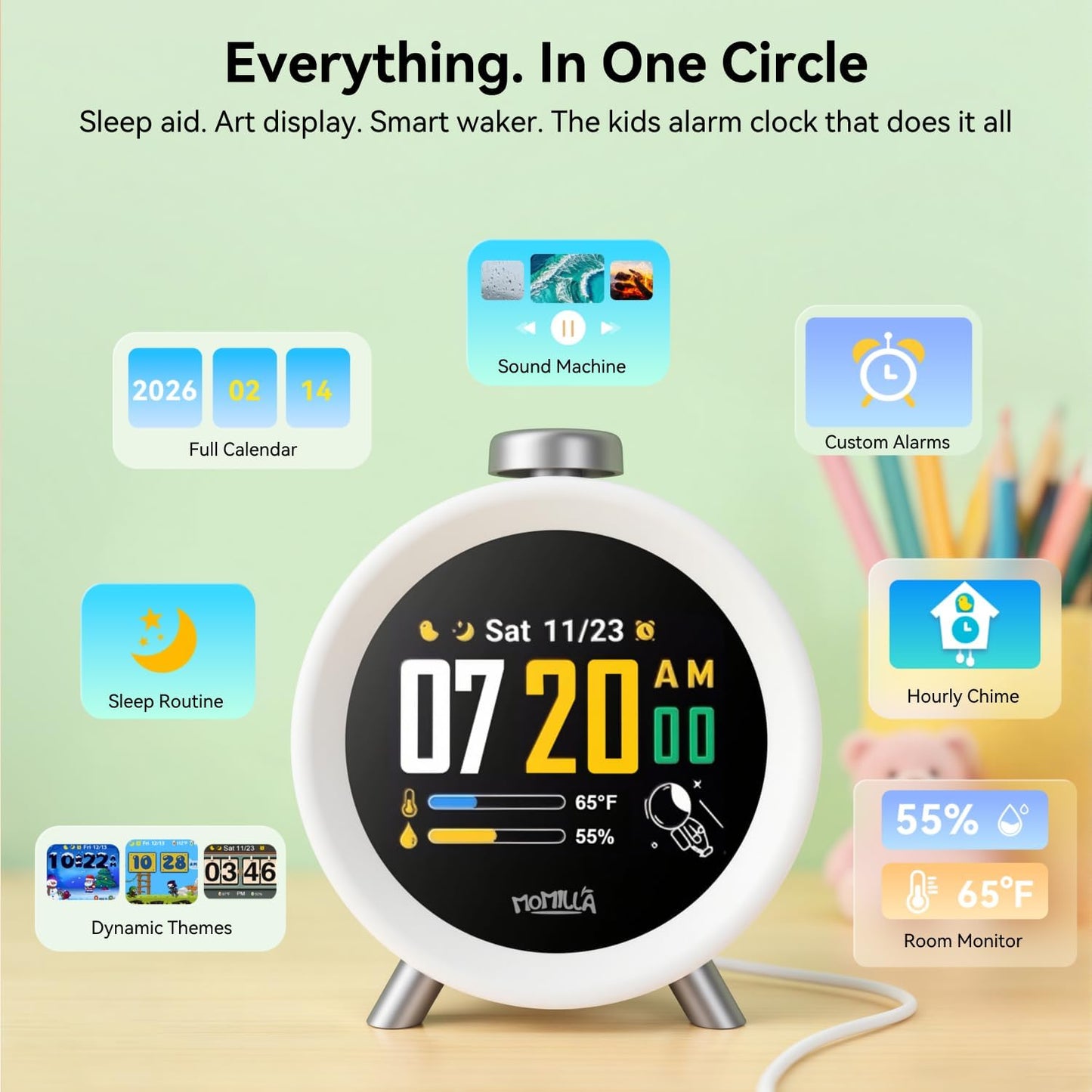MOMILLA Alarm Clock for Kids Bedrooms, 7-Day Programmable 4 Alarms 8 Colorful Themes, Loud Clock for Heavy Sleepers Adults Teen Boys Girls, Easy to Set, White Noise Sound Machine, Hourly Chime