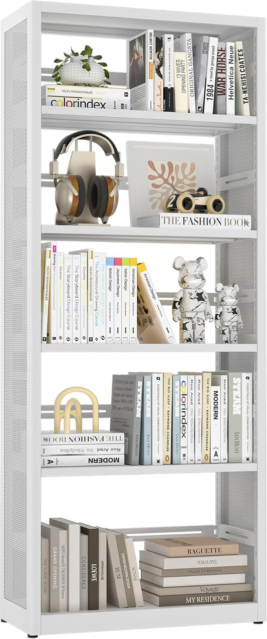 [Heavy Duty] Metal 5 Tier Bookshelf, 68" Tall Bookcase, Large Open Storage Shelf, Floor Standing Bookshelves and Bookcases for Home Office, Library, Living Room, Bedroom, White, Assemble Required