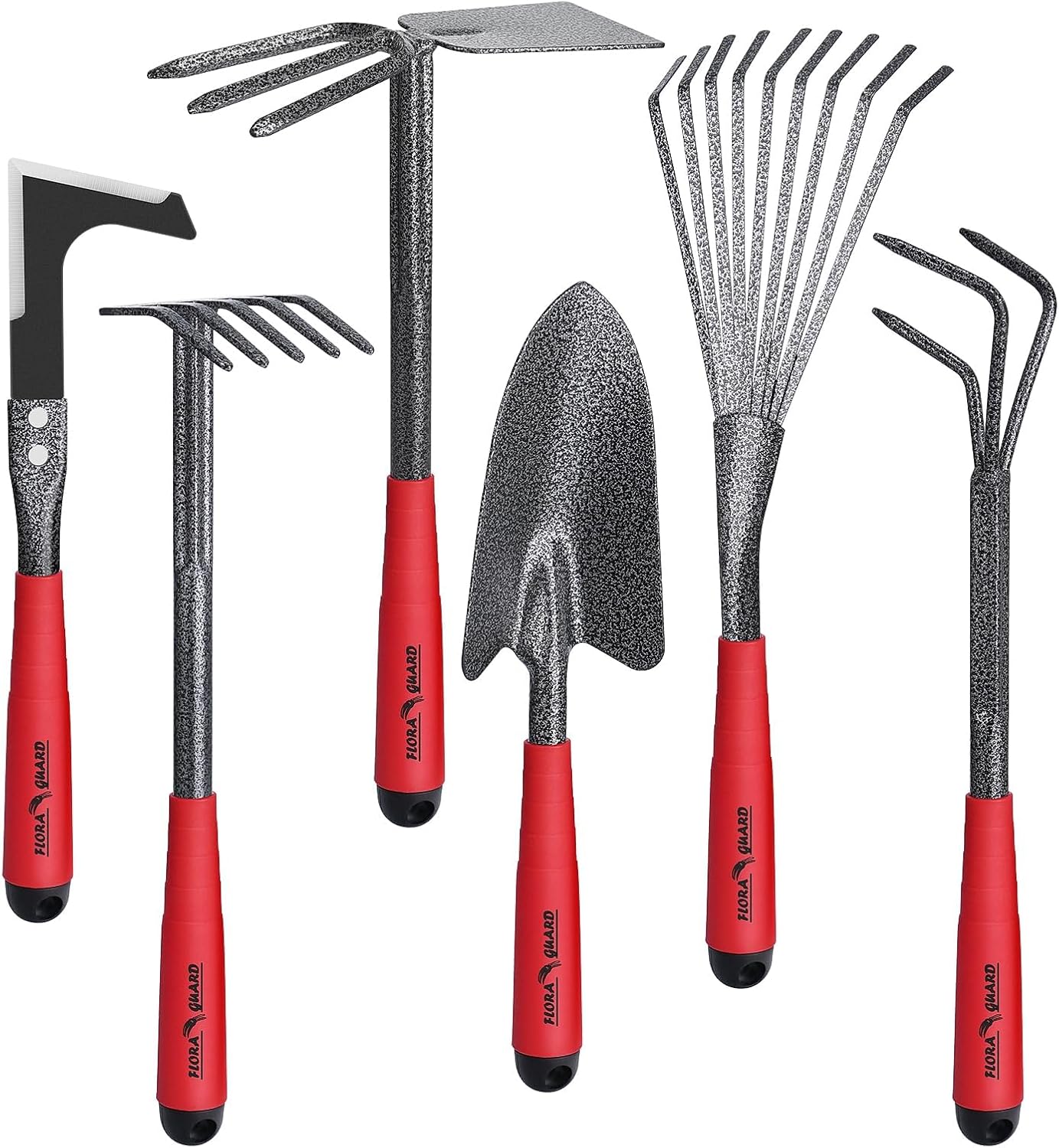 FLORA GUARD 6-Piece Garden Tool Set, Heavy Duty Gardening Hand Tools,Includes Trowel, Rake, 2-in-1 Hoe & Crack Weeder, Durable Yard Gardening Tools, Ideal Gardening Gift for Men & Women