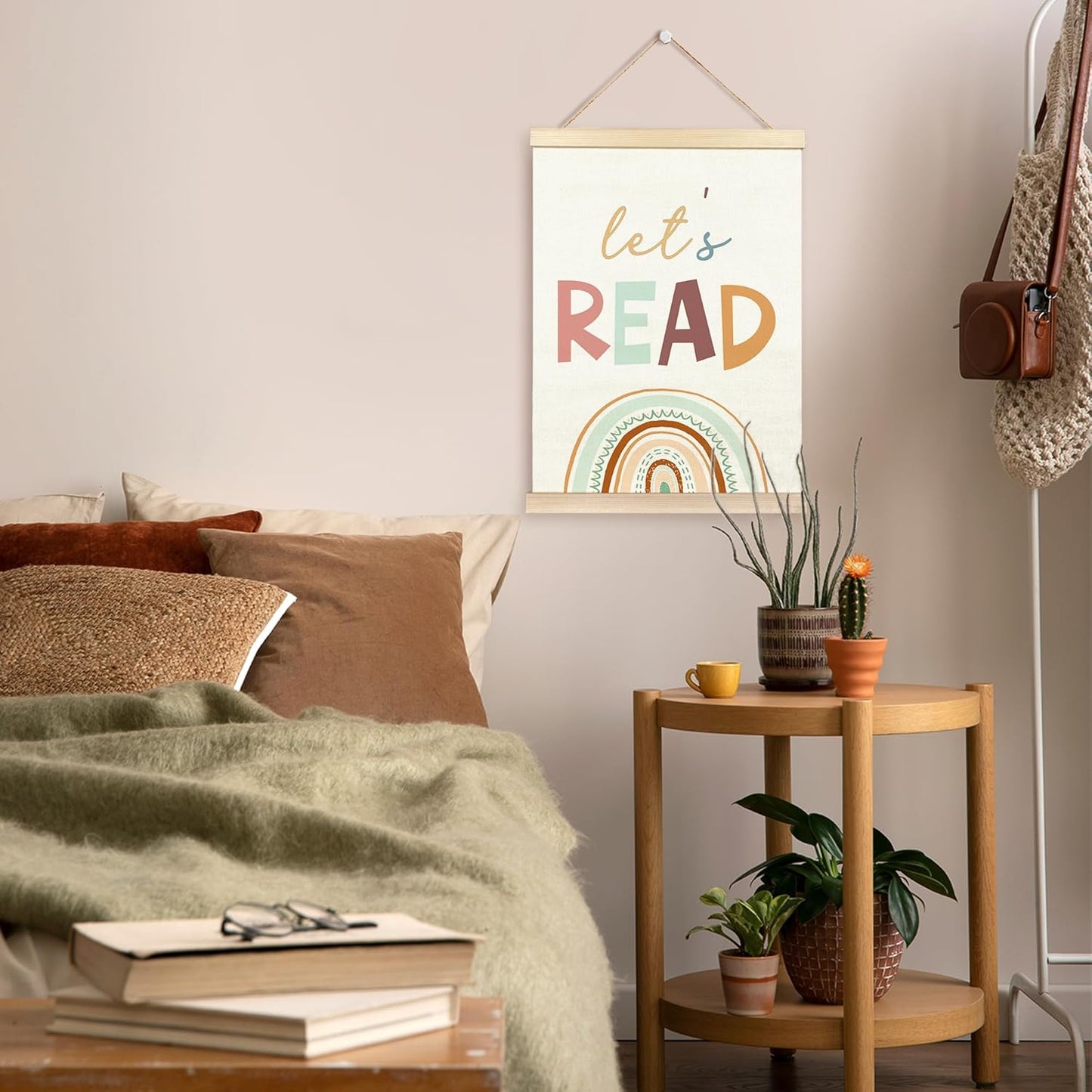 TAEDIN Let’s Read Reading Corner Poster Hanger Frame, Baby Boys Girls Wooden Canvas Artwork Print Hanging Sign Boho Rainbow Reading Book Lovers for Nursery Preschool Classroom Decor 12X16