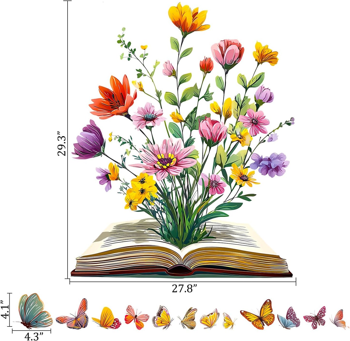 Book Flower Wall Decals Peel and Stick, Floral Butterfly Wall Stickers, Removable Vinyl Art Wall Decor for Kids Room Library Study Reading Nook Bedroom Classroom School Home Decoration