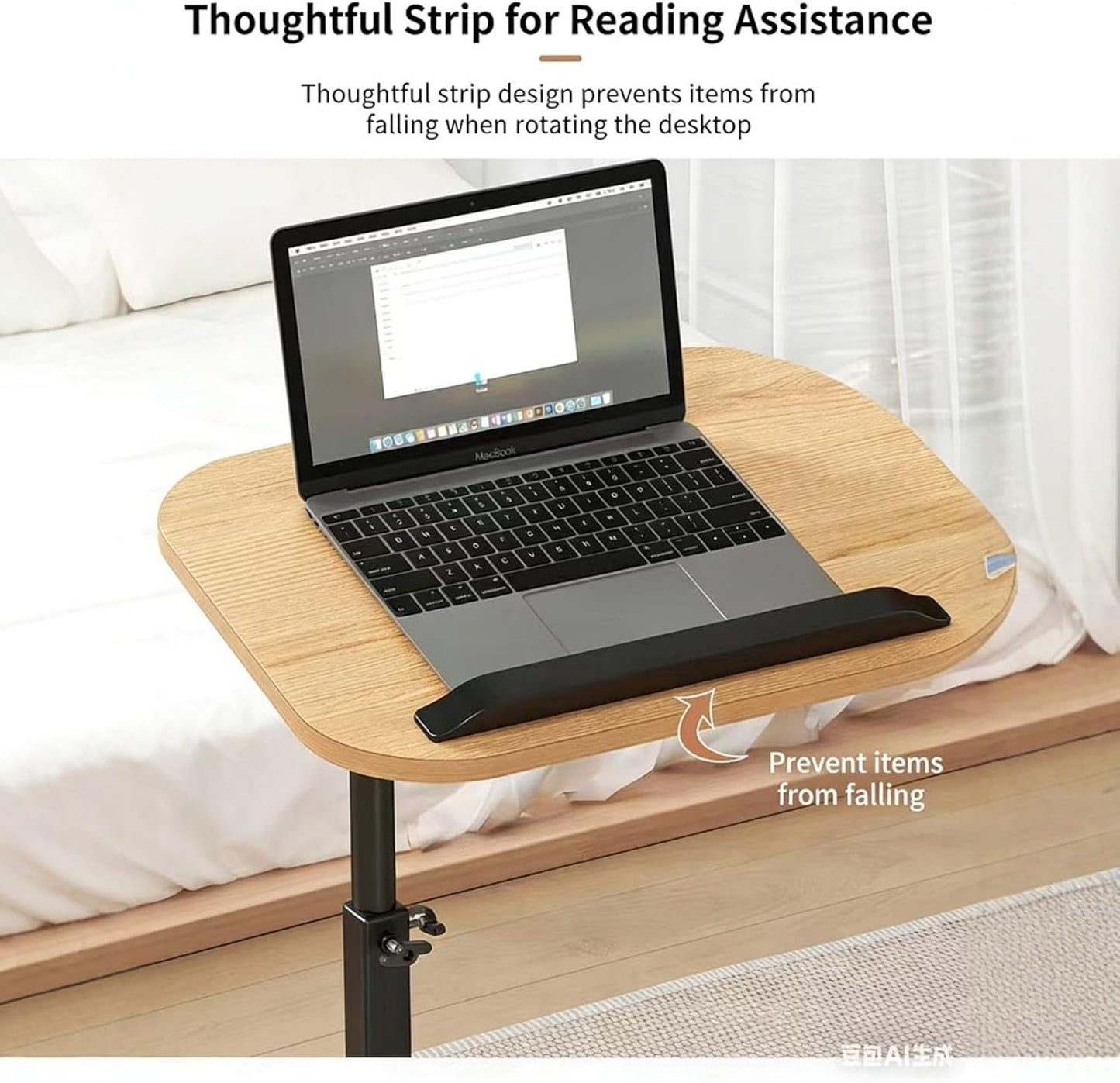 Adjustable C Table End Table, Height Adjustable 360° Swivel TV Tray Table for Small Spaces, Sofa Bedside Laptop Side Table That Slides Under Couch, Living Room & Bedroom (Natural Wood/White)