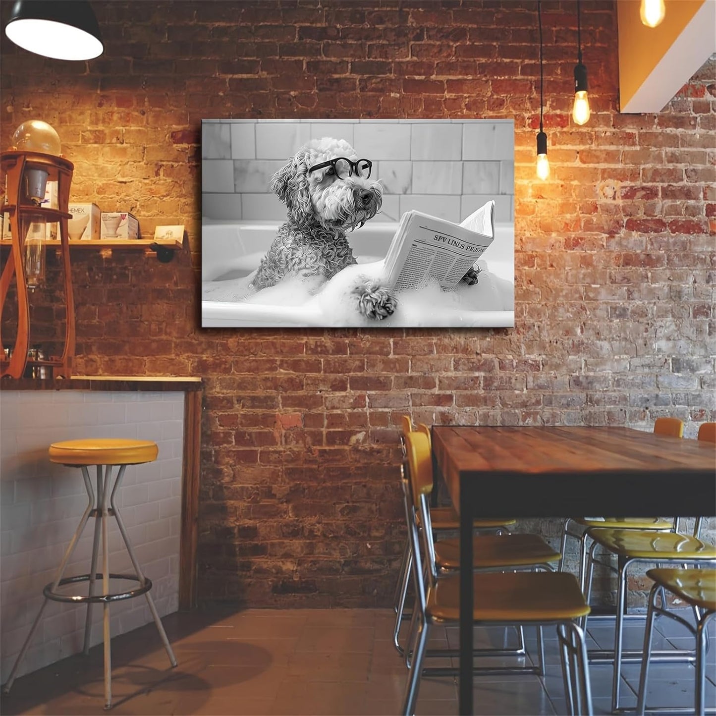 Goldendoodle in Bathtub Wall Art, Dog Reading Newspaper in Bubble Bath Poster, Black and White Print, Funny Wall Art, Bathroom Wall Decor (08x12inch Frame)