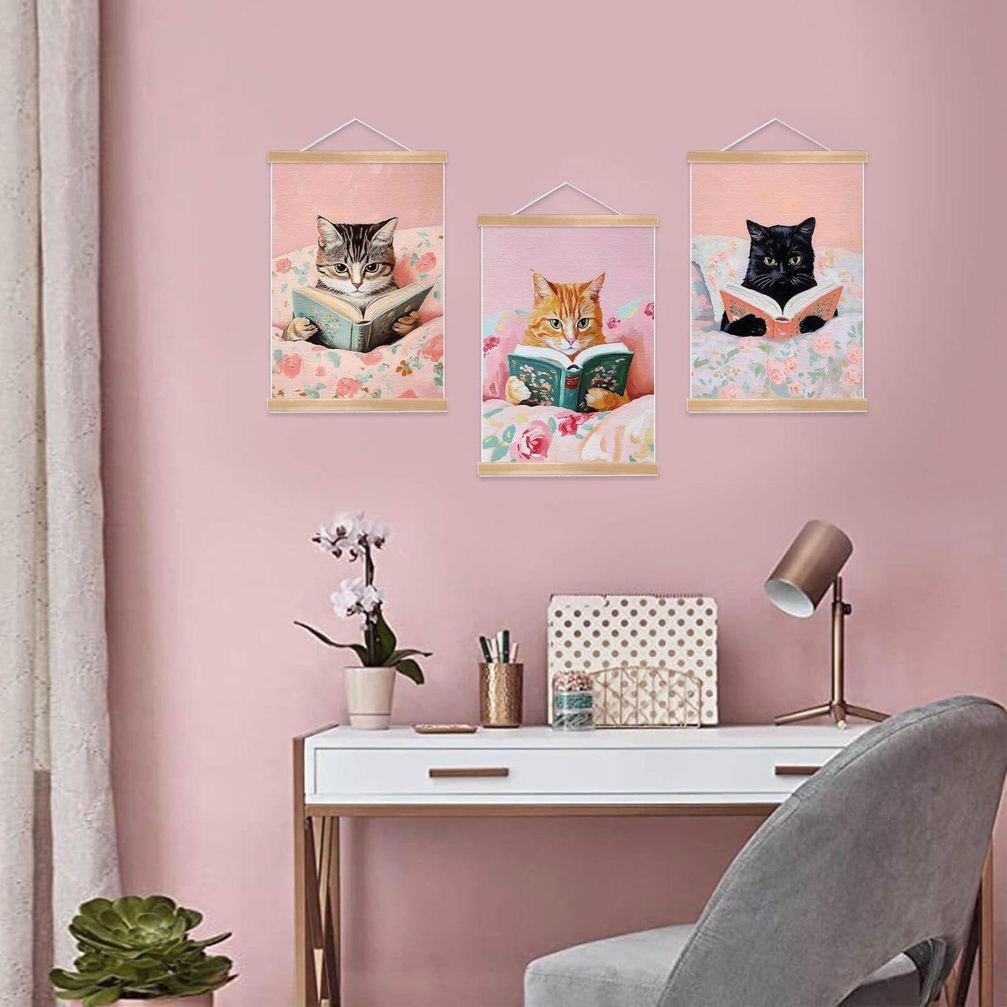 Funny Cat Canvas Wall Art Set of 3, Pink Cute Cat Lovers Wall Decor Paintings,Vintage Cats Posters Prints Pictures For Nursery Girls Room Bedroom Kids Room Girls Study Room 12x16 Inch Framed