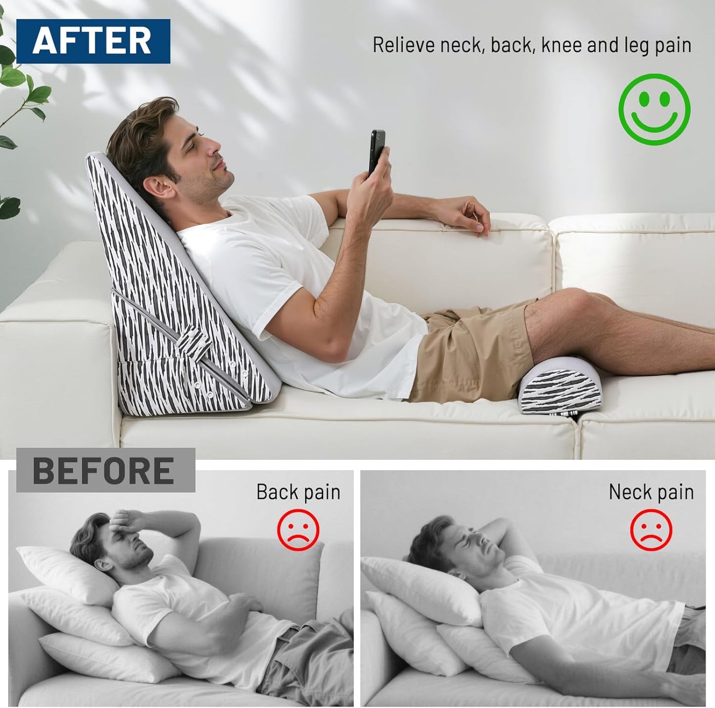 Lewondr Wedge Pillow for After Surgery, Adjustable Bed Wedge Pillow for Headboard Set with Side Pockets Fastener for Sleeping, Snoring, Back Pain & Acid Reflux Relief