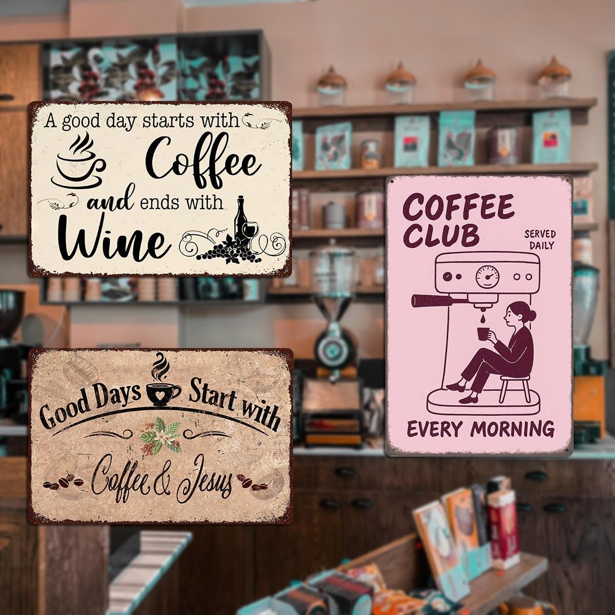 A Good Day Starts with Coffee and Ends with Wine Metal Tin Sign – 8x12 Inch Vintage Kitchen Wall Decor, Funny Rustic Sign for Home Café, Wine Area, Coffee Station