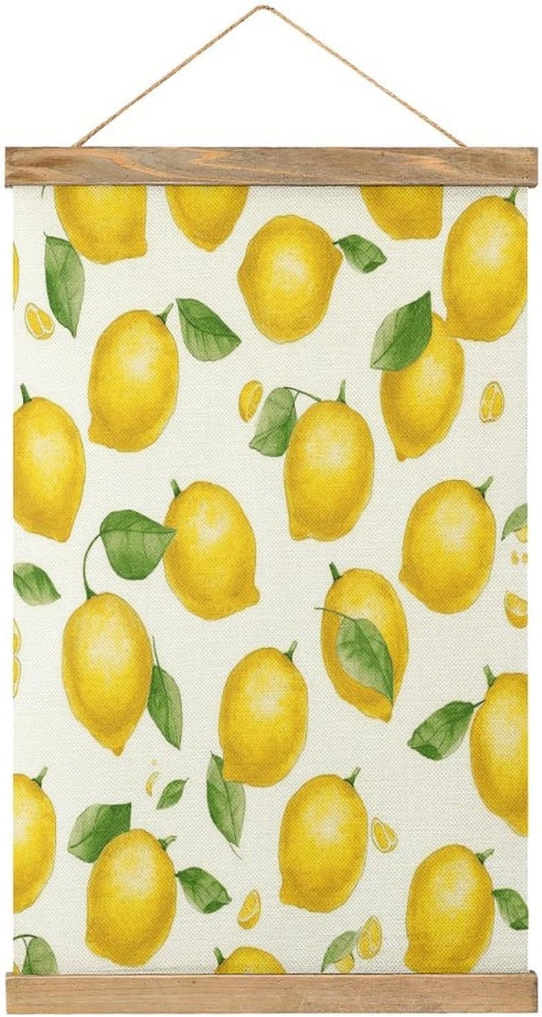 Vintage Yellow Lemon Poster with Wooden Frame Personalized Linen Hanging Scroll Painting Rustic Wall Hanging Illustrative Modern Artwork Decor for Home Living Room Bedroom Office