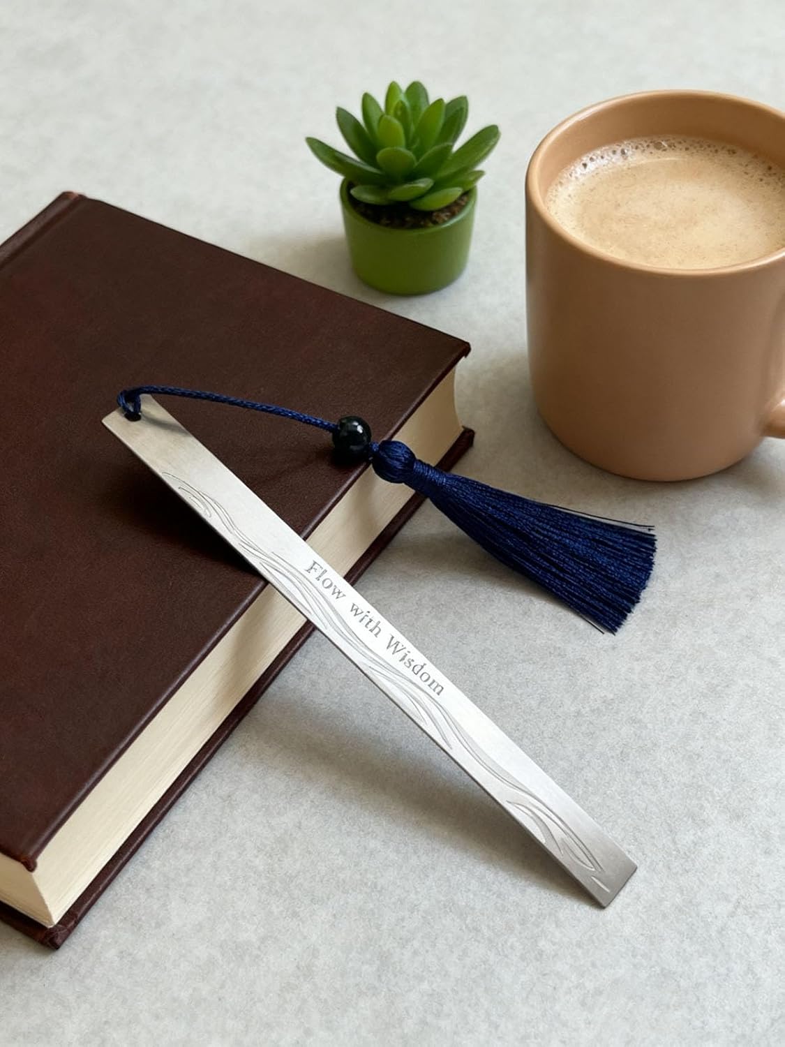 Stainless Steel Bookmark for Men - Flow with Wisdom Gift for Dad Husband and Book Lovers | Laser Engraved Metal Page Holder with Blue Tassel 5.9 Inches