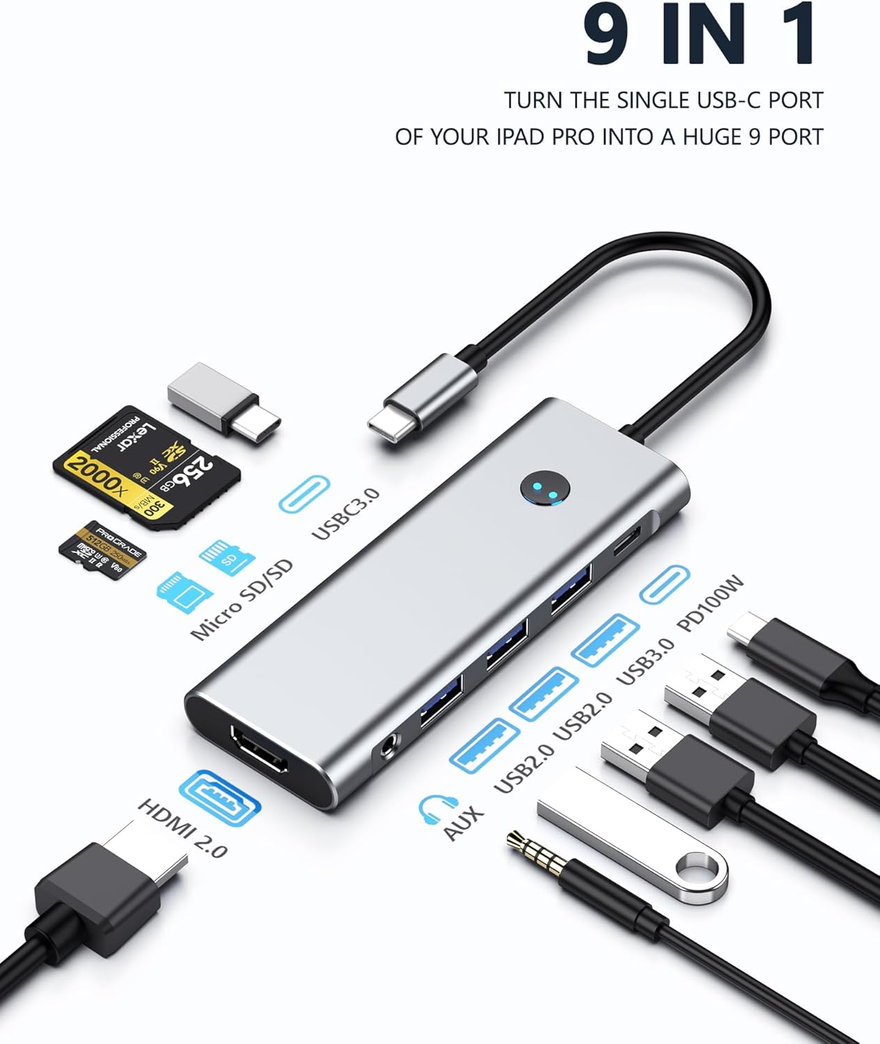USB C HUB for iPad Pro Adapter 4K 60Hz HDMI, 100W PD, SD/TF Card Reader, 3 USB A Port, 3.5mm Audio Jack, 9 in 1 USB C Dock for iPad Air/Galaxy Dex/Tablet/MacBook/iMac/iPhone 17/Steam Deck/HP/Dell