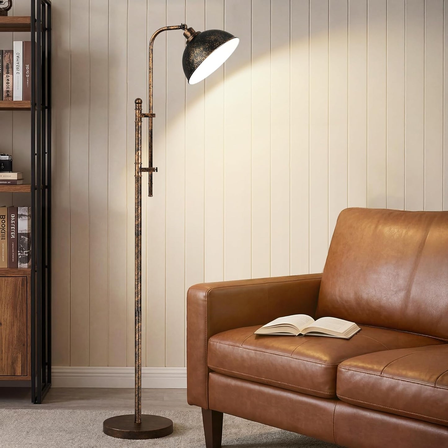 Floor Lamp, Industrial Modern Standing Lamp with Remote Control, 71" Height Adjustable, Aged Black Finish Rustic Farmhouse Tall Reading Lamp for Bedroom, Over Couch Arched Reading Light
