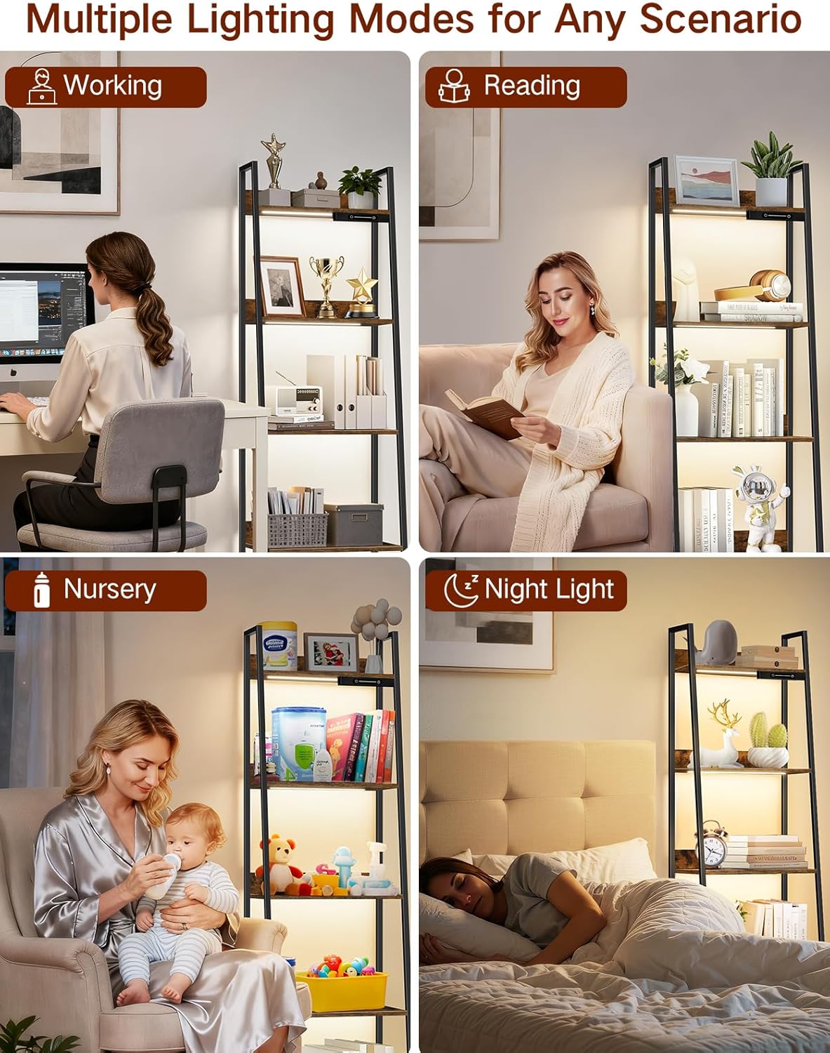 5-Tier Small Ladder Shelf with LED Lights, Touch & Remote Control, 3 Color Temperatures, Dimmable Tall Corner Standing Bookcase, Metal Wood Display Shelf for Living Room, Bedroom