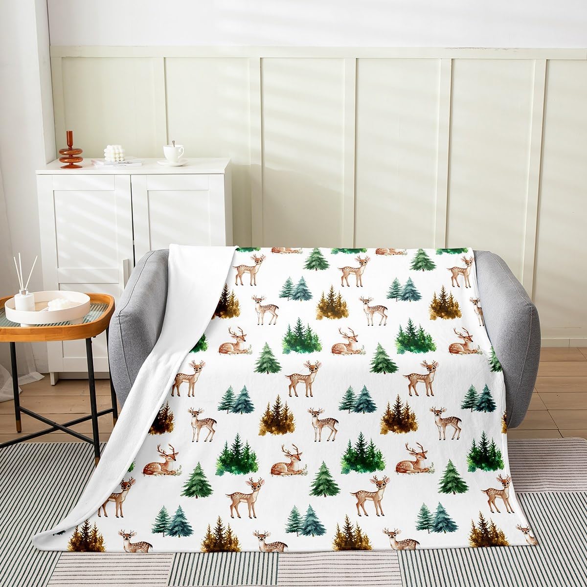 Feelyou Deer Fleece Throw Blanket Throw 50"x60" Kids Wild Animal Flannel Blanket Plush Fuzzy for Sofa Couch Boys Girls Teens Wool White All Season