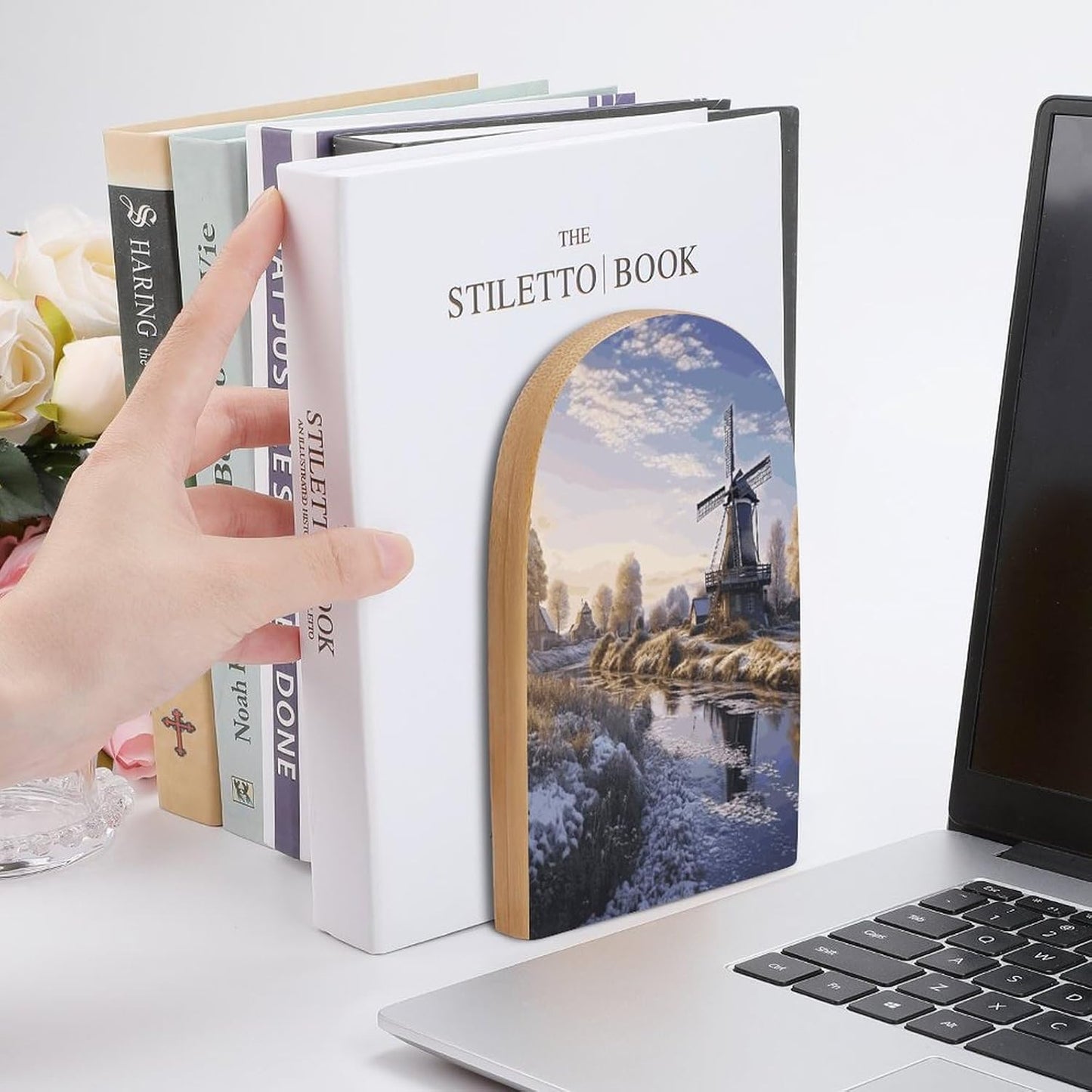 Landscape with A Traditional Windmill Bookend for Shelves Wooden Book End Large Size Sturdy Book Holders Stoppers with Metal Base for Bookshelves Slick Decorative Bookends Stands