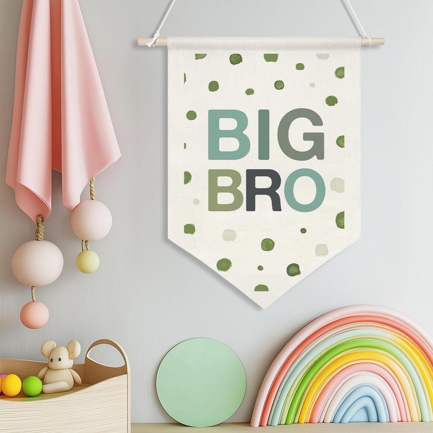 BIG BRO Wall Hanging Banner,Green Polka Dot Canvas Sign for Big Brother Room Decor, Sibling Announcement Gift, Nursery Playroom Wall Art Poster, Baby Shower Decor(KD17)