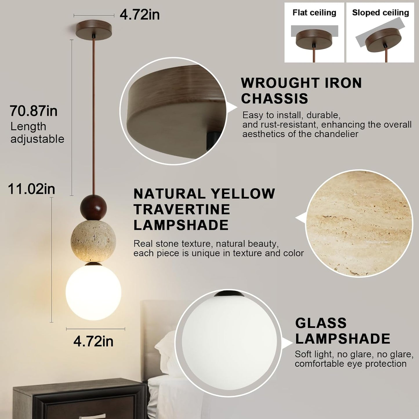 Nordic Stone Pendant Light, Japanese Natural Yellow Travertine Stone Lamp Wabi-Sabi Chandelier Compatible with G9 Bulb Socket, Suitable for Kitchen Island, Dining Room, Bedside, Bar (Walnut Color)