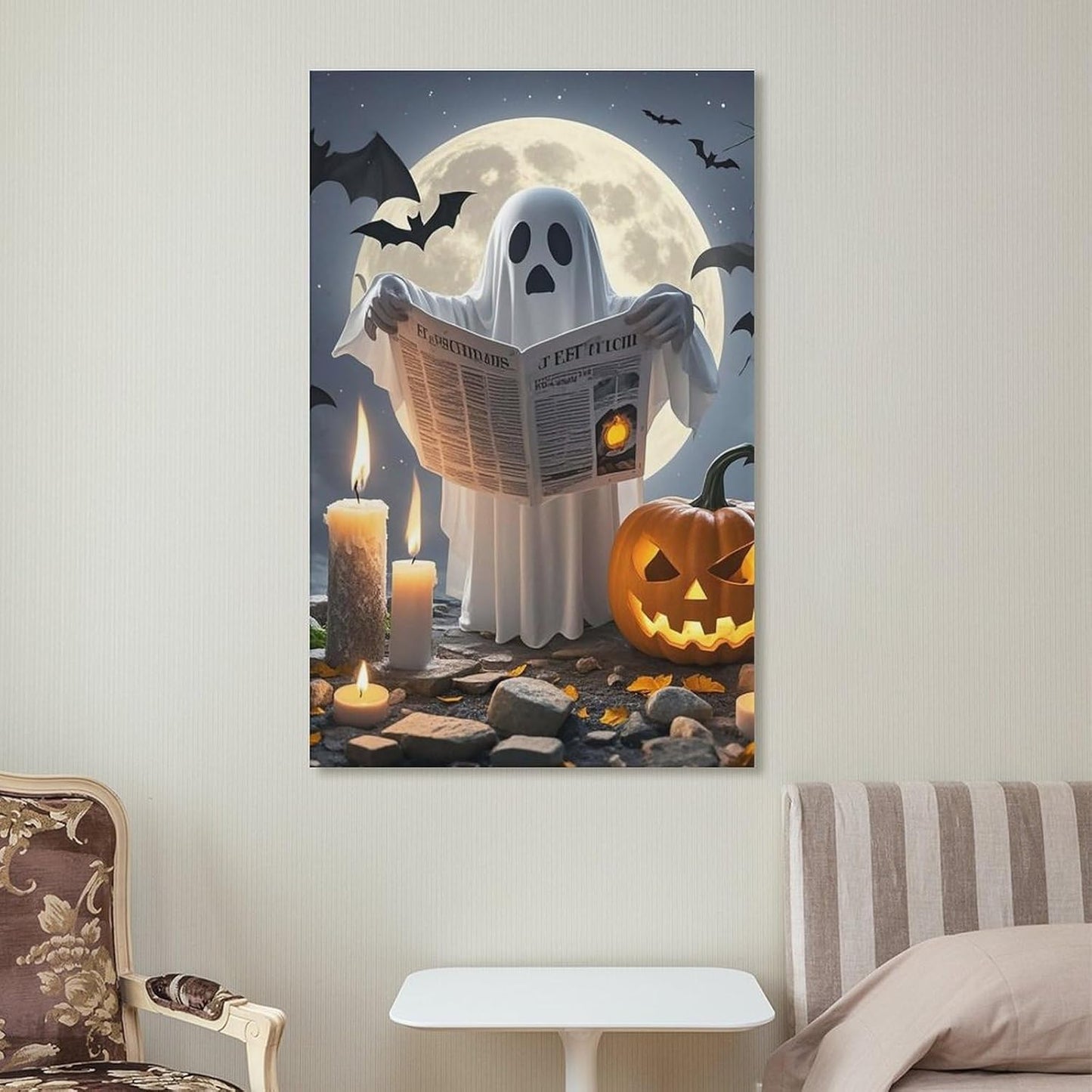 ZLFDSKGY Frame 20x30 inch (50x75 cm) Canvas Wall Art Ghost Reading Printed Wall Decor Hanging Canvas Pictures Wall Decorations Art Poster for Living Room Bedroom Bathroom
