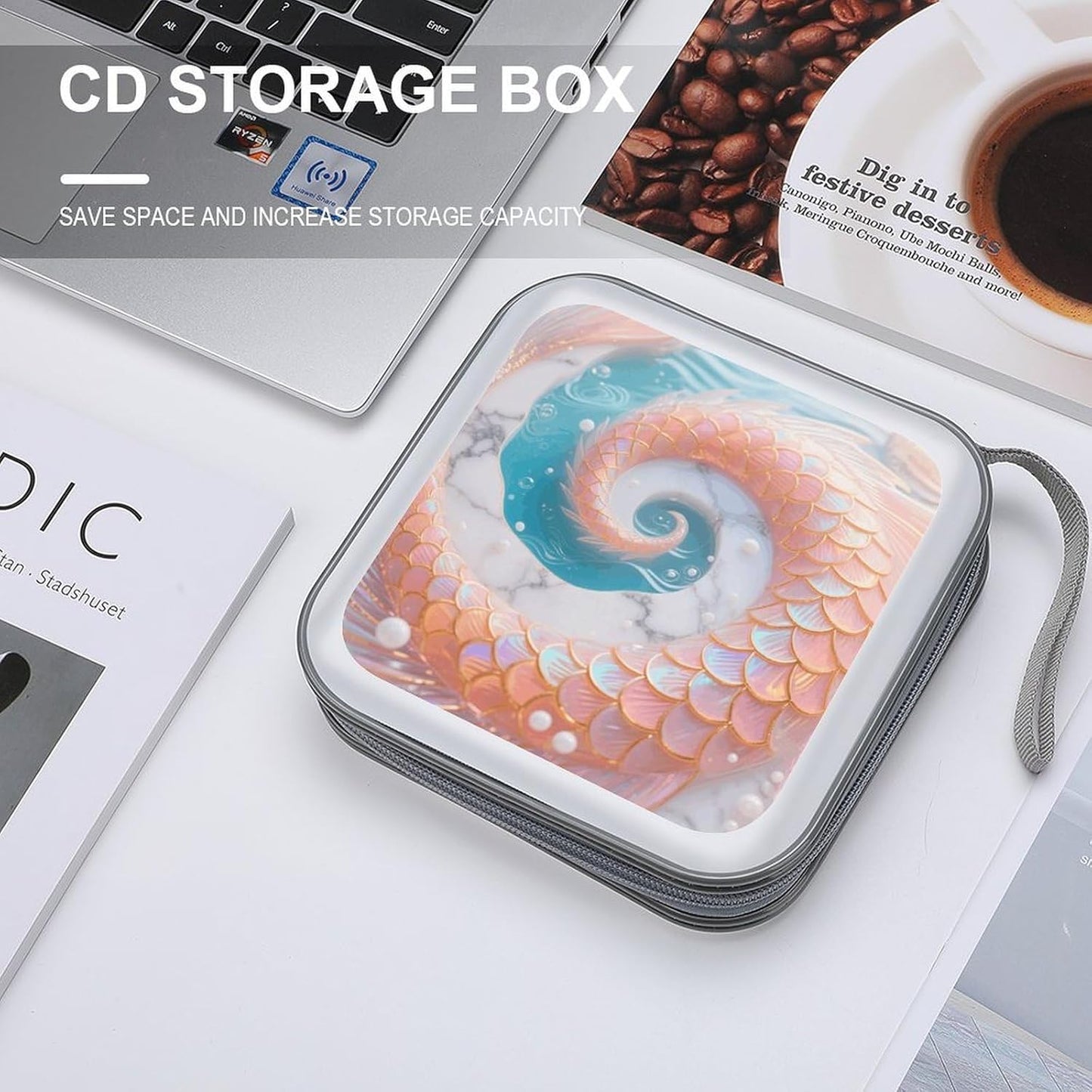 Mermaid Fish Scales Marble CD Case Portable Zipper CD Case 40 Capacity Hard Plastic DVD Cases Holder Large Storage Disc Wallet Bag for Car Home Travel DVD Collection Bag